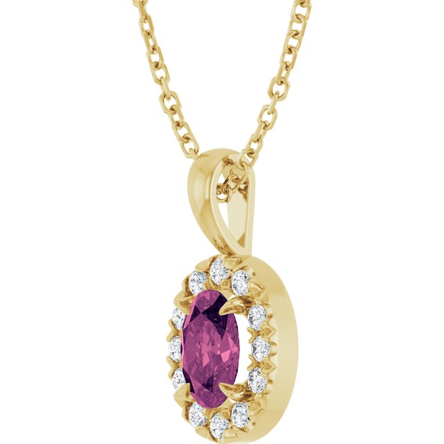14K Yellow Gold Oval 6 X 4Mm I1, G-H 16-18 In Polished Natural Pink Tourmaline And 1/10 Ctw Natural Diamond French-Set Halo-Style Necklace