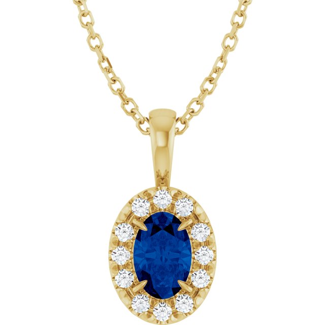 14K Yellow Gold Oval 6 X 4Mm I1, G-H 16-18 In Polished Lab-Grown Blue Sapphire And 1/10 Ctw Natural Diamond French-Set Halo-Style Necklace