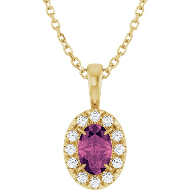 14K Yellow Gold Oval 6 X 4Mm I1, G-H 16-18 In Polished Natural Pink Tourmaline And 1/10 Ctw Natural Diamond French-Set Halo-Style Necklace