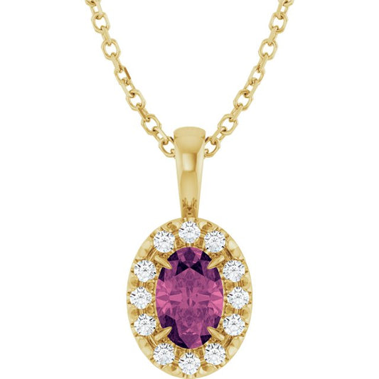 14K Yellow Gold Oval 6 X 4Mm I1, G-H 16-18 In Polished Natural Pink Tourmaline And 1/10 Ctw Natural Diamond French-Set Halo-Style Necklace