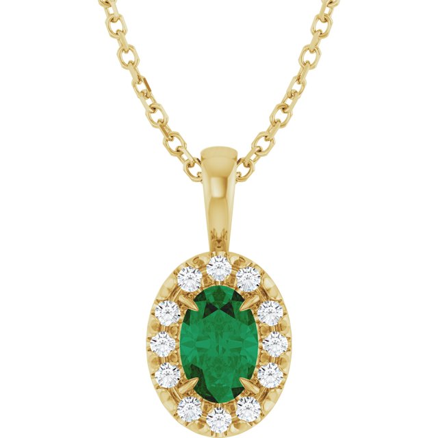 14K Yellow Gold Oval 6 X 4Mm I1, G-H 16-18 In Polished Lab-Grown Emerald And 1/10 Ctw Natural Diamond French-Set Halo-Style Necklace