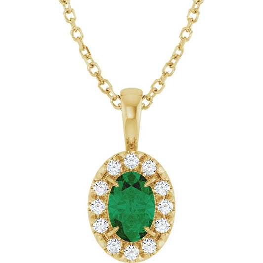 14K Yellow Gold Oval 6 X 4Mm I1, G-H 16-18 In Polished Lab-Grown Emerald And 1/10 Ctw Natural Diamond French-Set Halo-Style Necklace