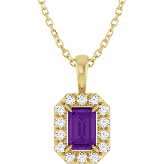 14K Yellow Gold Emerald 6 X 4Mm I1, G-H 16-18 In Polished Natural Amethyst And 1/5 Ctw Natural Diamond French-Set Halo-Style Necklace