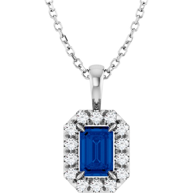 14K White Gold Emerald 6 X 4Mm I1, G-H 16-18 In Polished Natural Blue Sapphire And 1/5 Ctw Natural Diamond French-Set Halo-Style Necklace