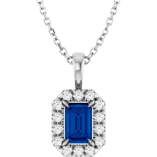 14K White Gold Emerald 6 X 4Mm I1, G-H 16-18 In Polished Natural Blue Sapphire And 1/5 Ctw Natural Diamond French-Set Halo-Style Necklace