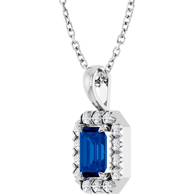 14K White Gold Emerald 6 X 4Mm I1, G-H 16-18 In Polished Natural Blue Sapphire And 1/5 Ctw Natural Diamond French-Set Halo-Style Necklace
