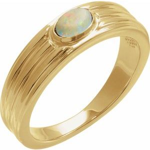 14K Yellow Gold  Oval 5 X 3 Mm Polished Natural White Opal Cabachon Solitaire Ring Size 7