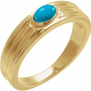 14K Yellow Gold  Oval 5 X 3 Mm Polished Natural Turquoise Cabachon Solitaire Ring Size 7