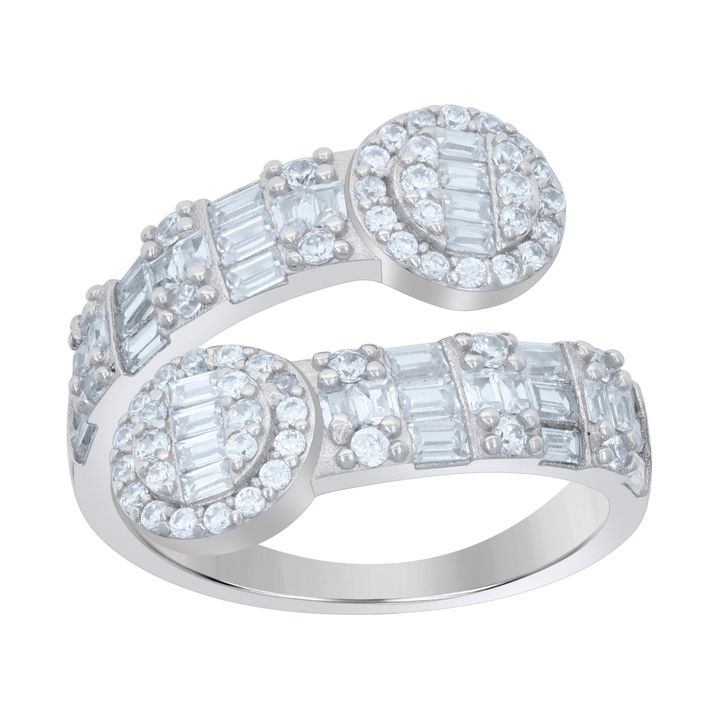 Sterling Silver Womens Baguette Round Cubic-Zirconia Bypass Fashion Bridal Anniversary Wedding Engagement Band Ring