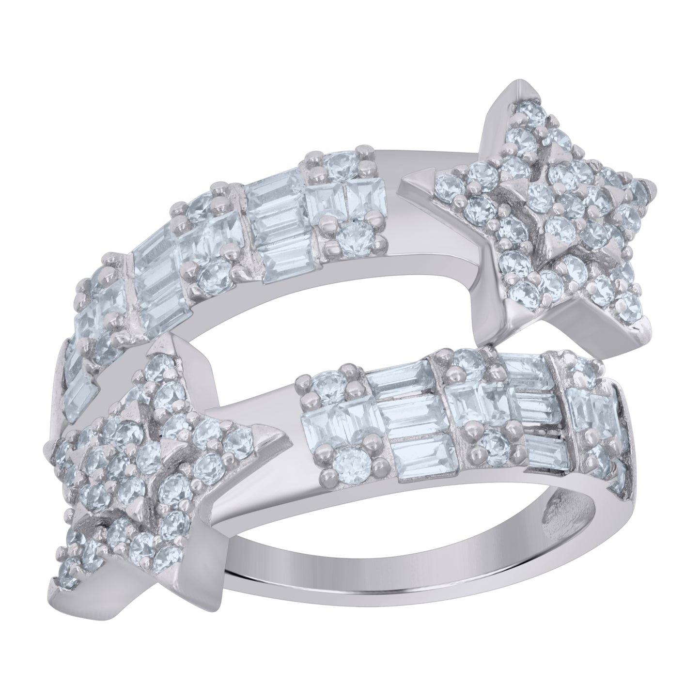 Sterling Silver Womens Baguette Round Cubic-Zirconia Star Bypass Fashion Bridal Anniversary Wedding Engagement Band Ring