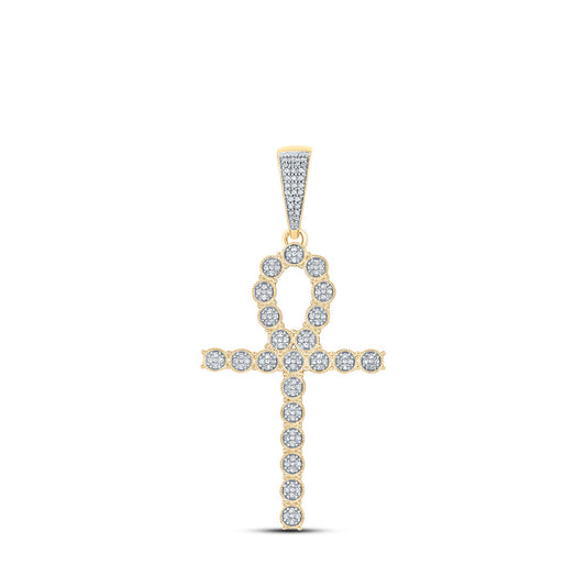 10K Yellow Gold Mens Round Diamond Ankh Cross Charm Pendant 1/3 Cttw