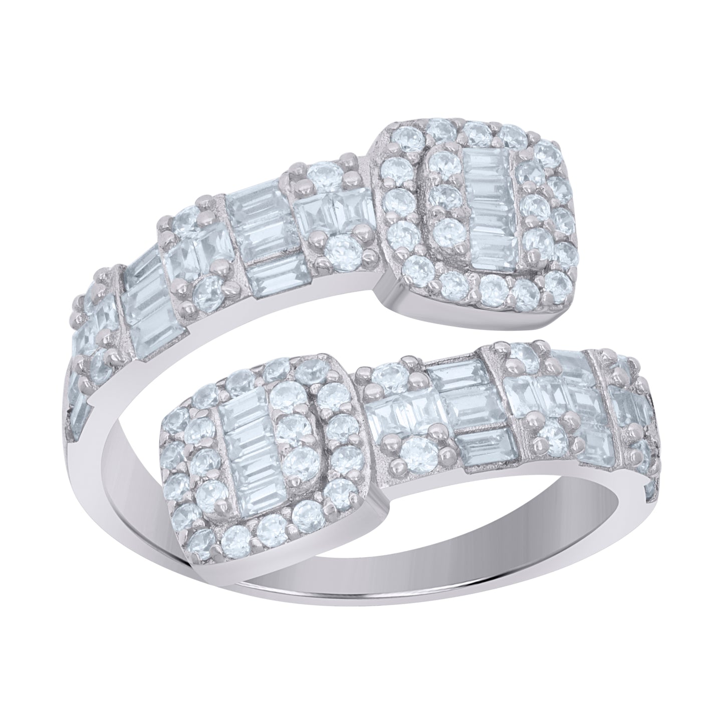 Sterling Silver Women's Baguette Round Cubic-Zirconia Bypass Fashion Bridal Anniversary Wedding Engagement Band Ring