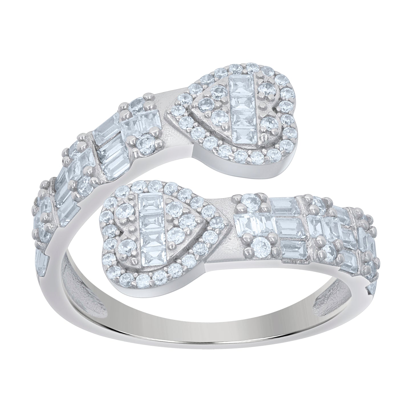 Sterling Silver Womens Baguette Round Cubic-Zirconia Heart Bypass Fashion Bridal Anniversary Wedding Engagement Band Ring