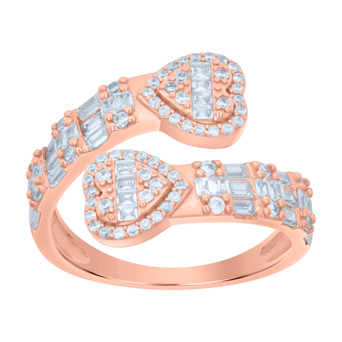 Sterling Silver Rose-Tone Womens Cubic-Zirconia Heart Bypass Fashion Bridal Anniversary Wedding Engagement Band Ring