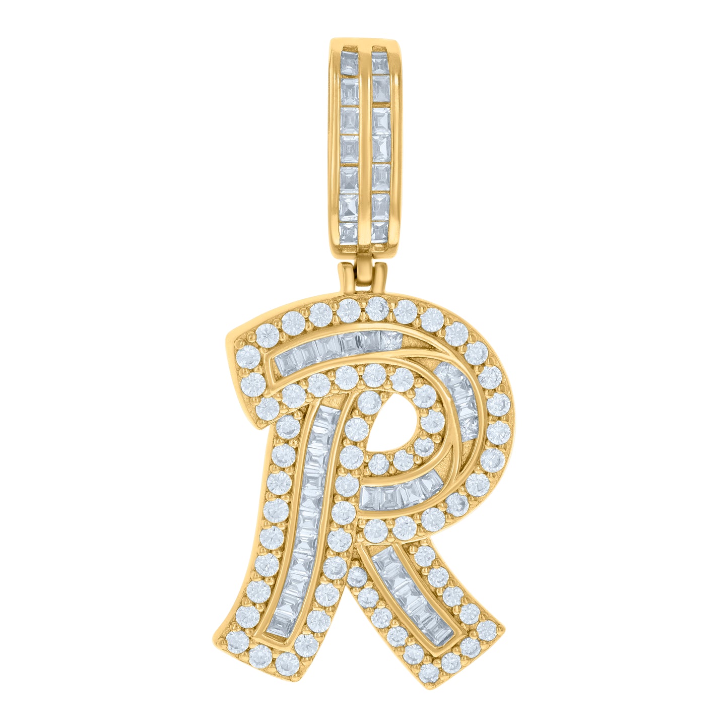 Sterling Silver Unisex Baguette Round Cubic-Zirconia R Alphabet Initials Charm Pendant