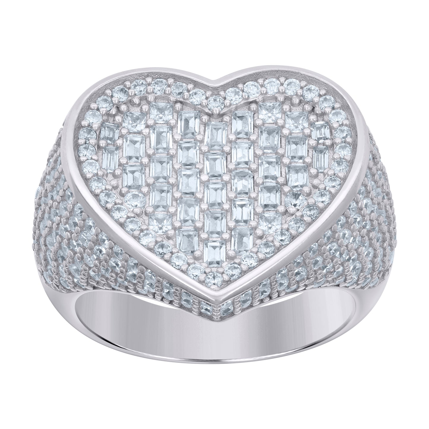 Sterling Silver Womens Baguette Round Cubic-Zirconia Heart Bridal Anniversary Wedding Engagement Band Ring