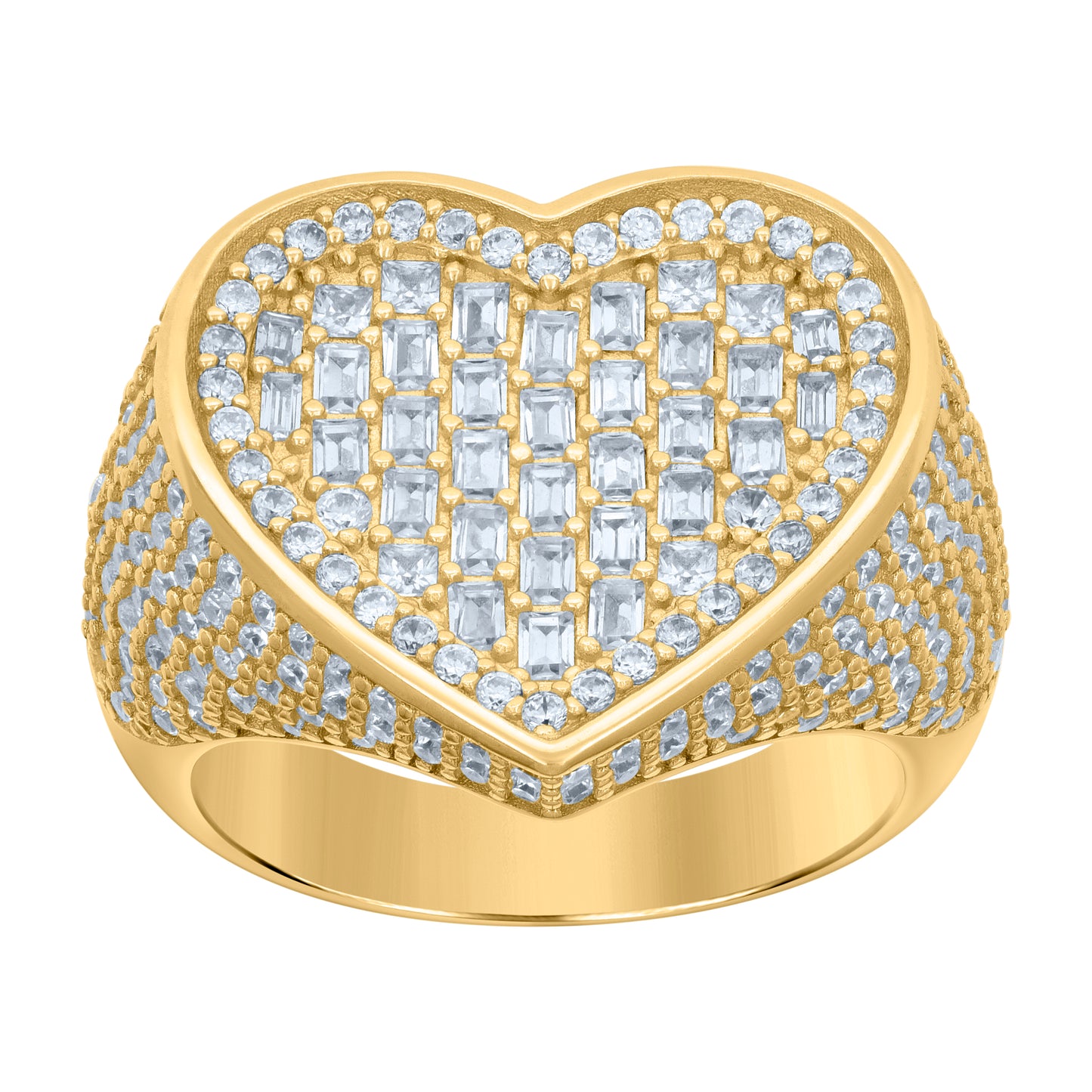 Sterling Silver Yellow-Tone Womens Baguette Round Cubic-Zirconia Heart Bridal Anniversary Wedding Engagement Band Ring