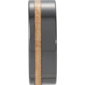 Black Ceramic Flat Band with Cypress Wood Inlay Size 10.5