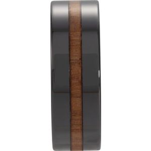 Black Ceramic Flat Band with Hickory Wood Inlay Size 11