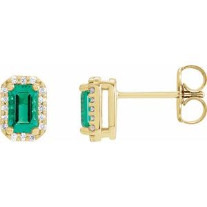 14K Yellow Gold Emerald 6 X 4 Mm Lab-Grown Emerald And 1/8 Ctw Natural Diamond Halo-Style Earrings