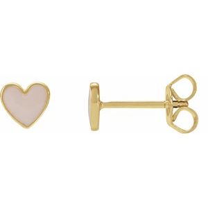 14K Yellow Gold 5.88 Mm Pink Enamel Friction Back Heart Stud Earrings