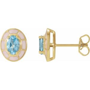 14K Yellow Gold Oval Shape 6 X 4 Mm Natural Sky Blue Topaz And White Enamel 4-Prong Stud Earrings