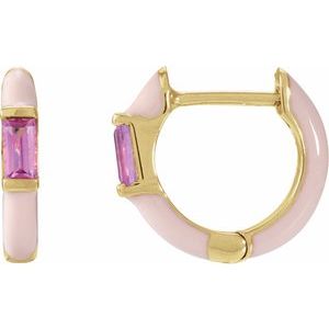14K Yellow Gold Pair Straight Baguette Shape 3.5 X 1.8Mm Natural Pink Tourmaline And Pink Enamel Hinged Hoop Earrings, Length: 11 Mm, Thickness: 2.1 Mm