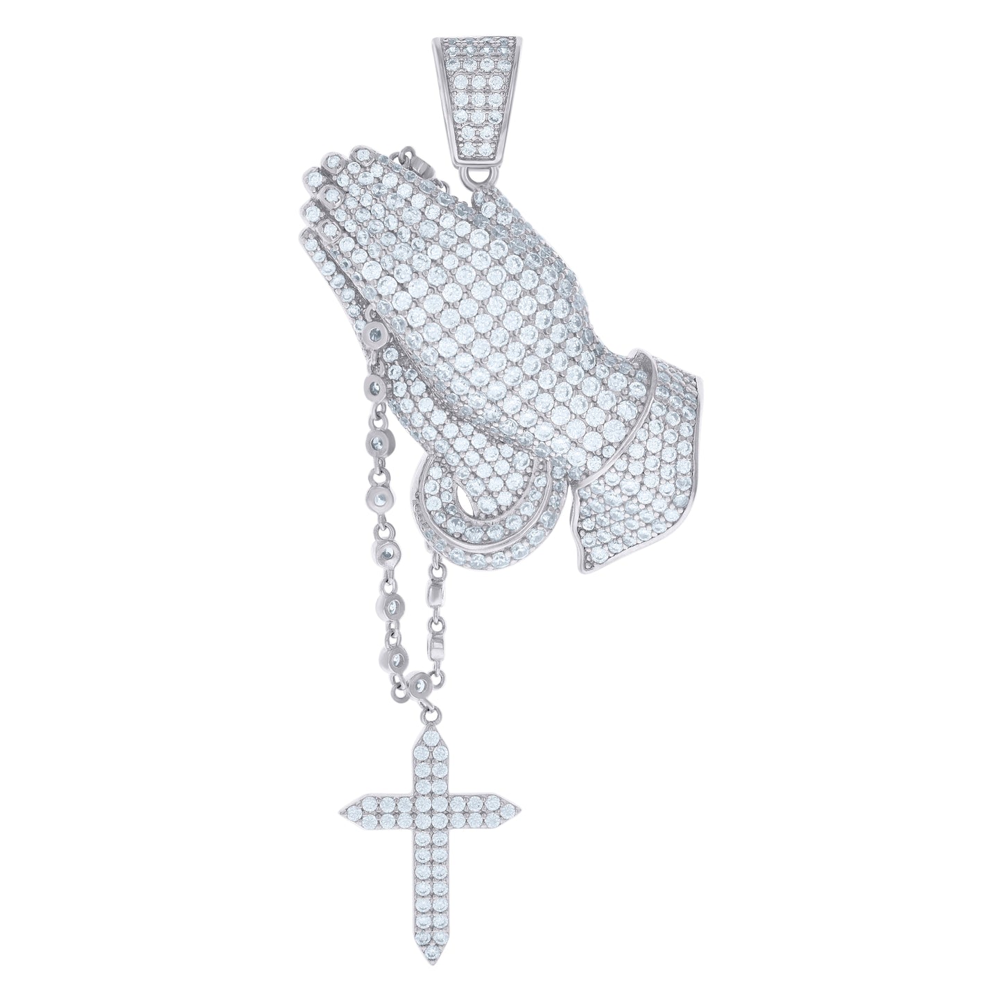 Sterling Silver Mens Cubic-Zirconia Cross Praying Hands Symbol Religious Charm Pendant