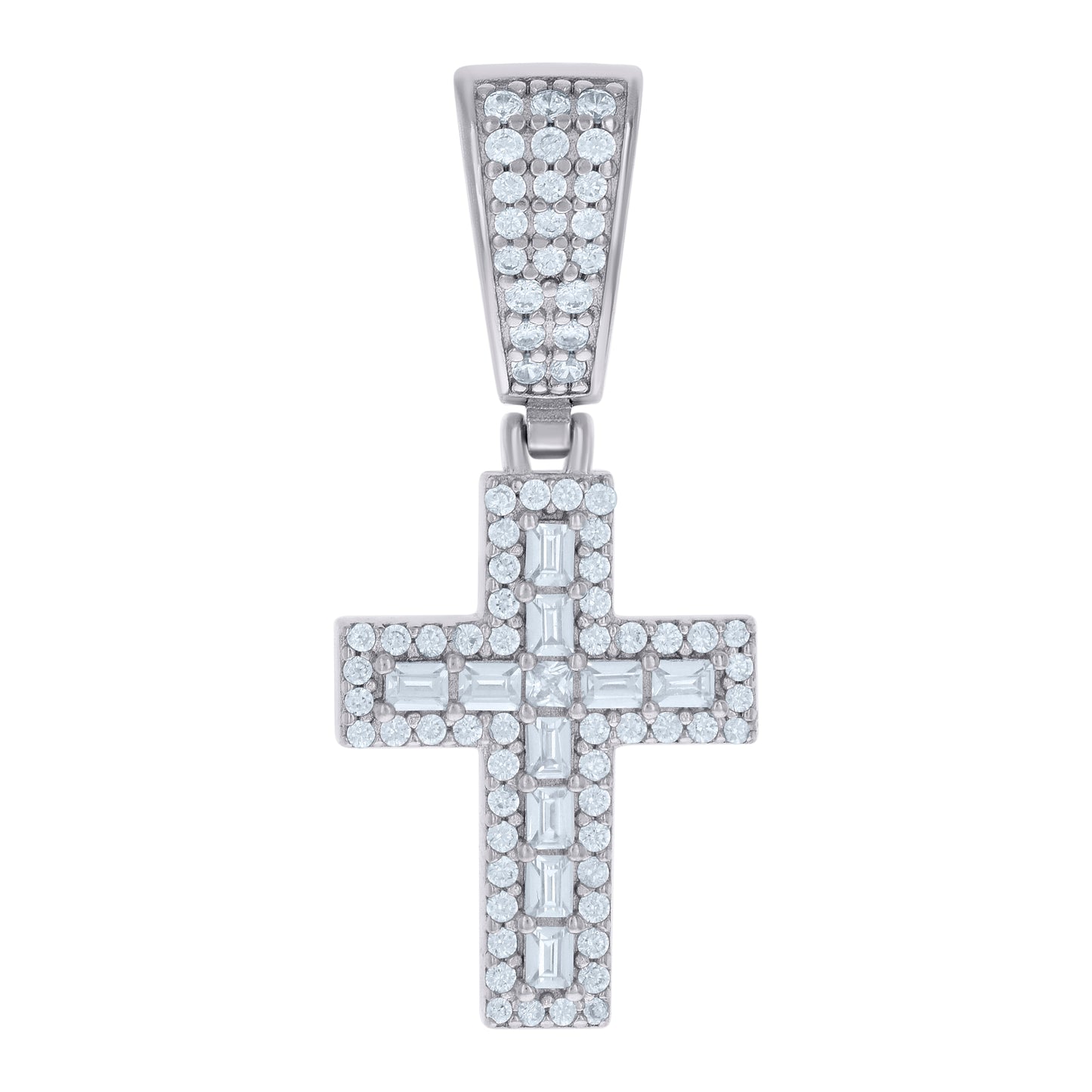 Sterling Silver Mens Baguette Round Cubic-Zirconia Cross Religious Charm Pendant