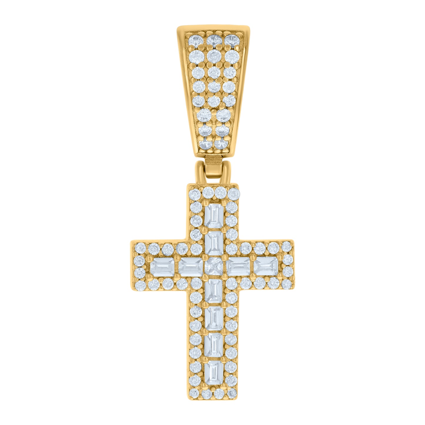 Sterling Silver Mens Baguette Round Cubic-Zirconia Cross Religious Charm Pendant