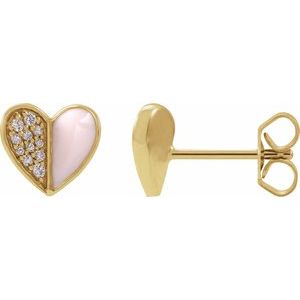 14K Yellow Gold Round 1.2 Mm 1/10 Ctw Natural Diamond Pink Enamel Heart Earrings