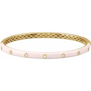 14K Yellow Gold Round 1.9Mm G-H I1 1/5 Ctw Natural Diamond Pink Enamel Bangle Bracelet, Length: 7 In