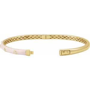 14K Yellow Gold Round 1.9Mm G-H I1 1/5 Ctw Natural Diamond Pink Enamel Bangle Bracelet, Length: 7 In