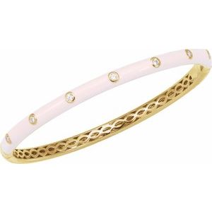 14K Yellow Gold Round 1.9Mm G-H I1 1/5 Ctw Natural Diamond Pink Enamel Bangle Bracelet, Length: 7 In
