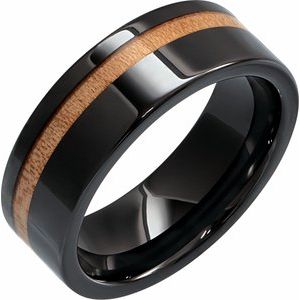 Black Ceramic Flat Band with Cypress Wood Inlay Size 12
