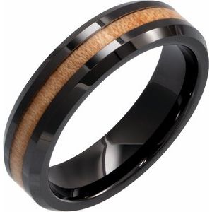 Black Ceramic Beveled Band with Cypress Wood Inlay Size 13