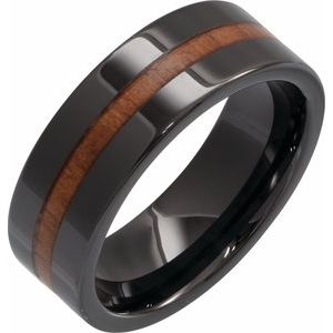 Black Ceramic Flat Band with Hickory Wood Inlay Size 12