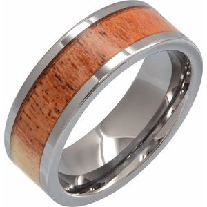 Tungsten 8 Mm  Polished  Flat Band With Mesquite Wood Inlay Size 9