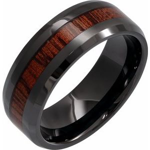Black Ceramic Beveled Band with Mahogany Wood Inlay Size 9.5