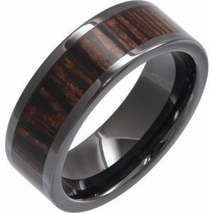 Black Ceramic Flat Band with Wenge Wood Inlay Size  9.5
