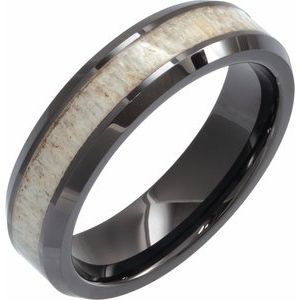 Black Ceramic Beveled Band with Antler Wood Inlay Size 8