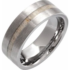 Tungsten 6 Mm  Polished  Flat Band With Antler Wood Inlay Size 9