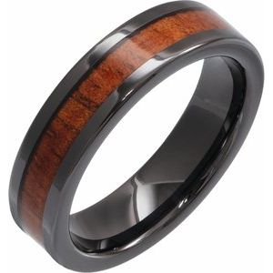 Black Ceramic Flat Band with KOA Wood Inlay Size 10