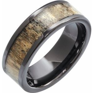 Black Ceramic Flat Band with Antler Wood Inlay size 10
