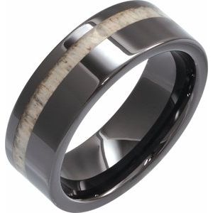 Black Ceramic Flat Band with Antler Wood Inlay size 8.5