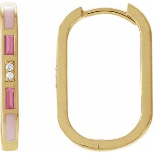14K Yellow Gold Straight BaguettePair Polished 19.6 X 12.5 Mm Natural Pink Tourmaline And 3 X 1.5Mm :: 0.025 Ctw Natural Diamond Hinged Hoop Earrings, Thickness: 2.3 Mm