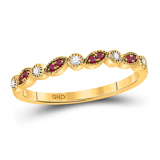 10K Yellow Gold Womens Round Ruby Diamond Stackable Band Ring 1/8 Cttw, Womens Size: 5-10
