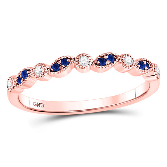 10K Rose Gold Womens Round Blue Sapphire Diamond Stackable Band Ring 1/10 Cttw, Womens Size: 5-10