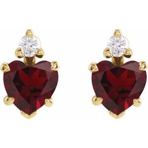 14K Yellow Gold Heart 6 X 6 Mm Natural Mozambique Garnet And .06 Ctw Natural Diamond 5-Claw Prong Earrings