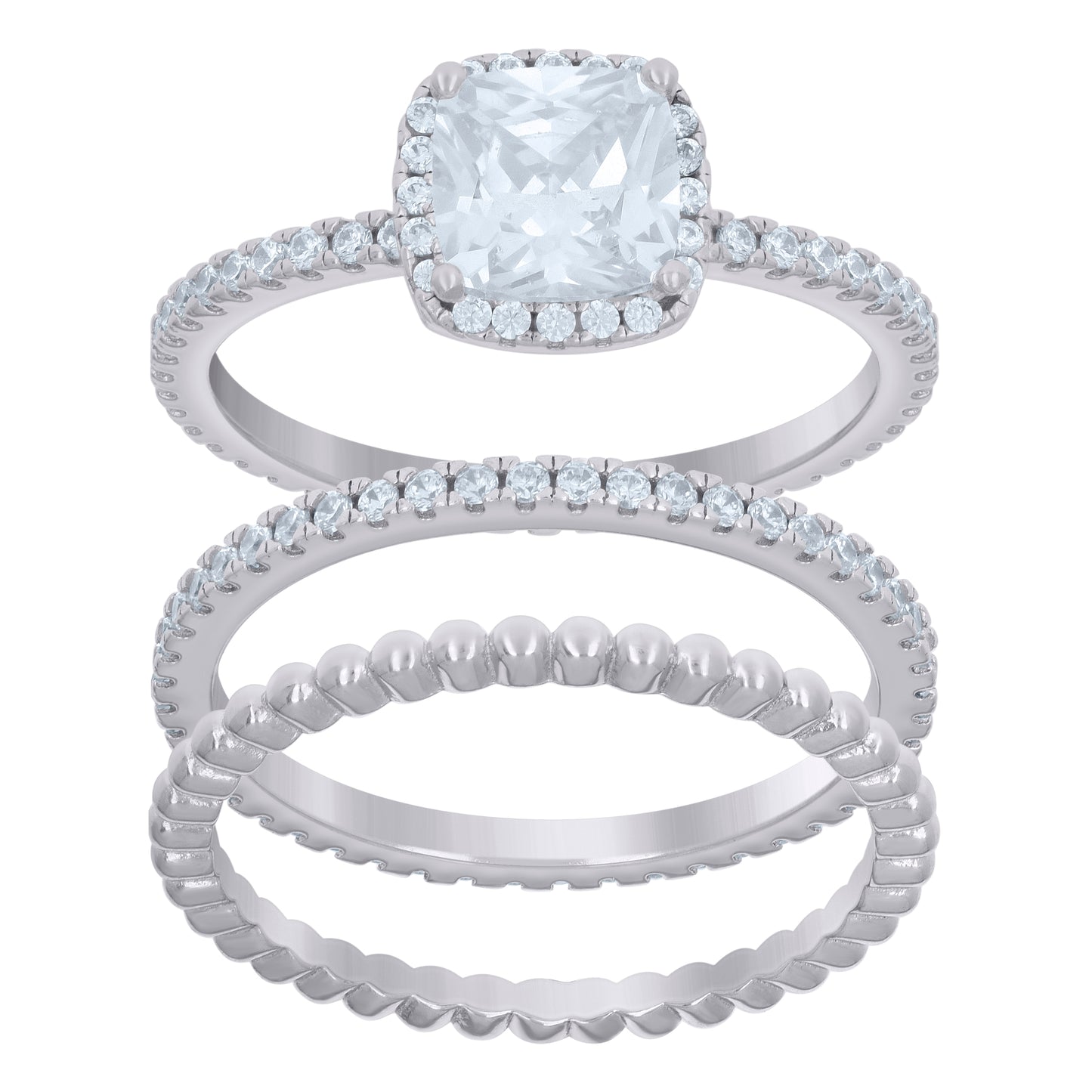 Sterling Silver Cushion-Cut Round Cubic-Zirconia Trio Bridal Anniversary Wedding Engagement Band Ring Set